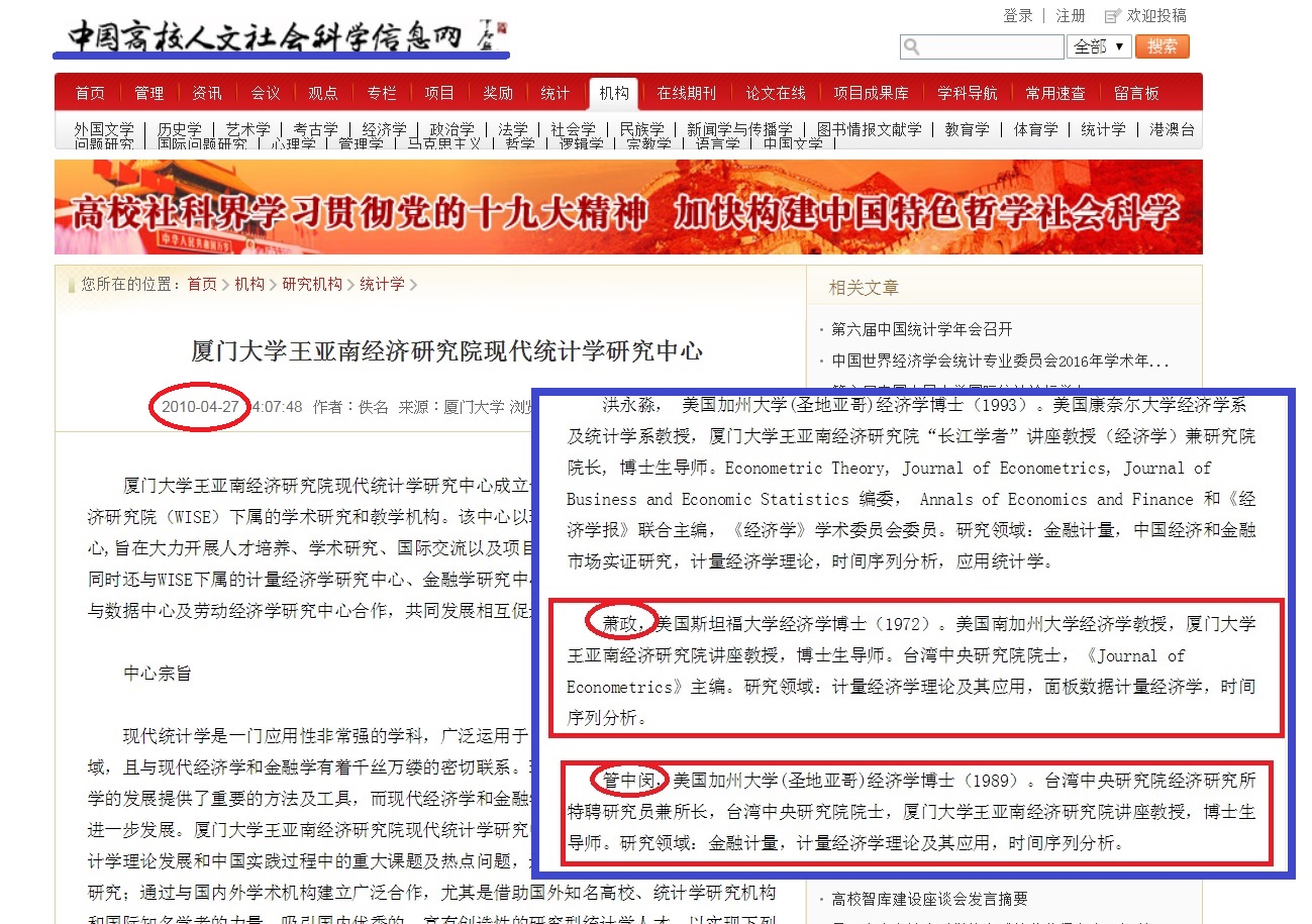 在「中國高校人文社會科學信息網」中,中研院院士蕭政、管中閔,2010年已是廈門大學王亞南經濟研究院現代統計學研究中心研究人員。 圖:翻拍合成自「中國高校人文社會科學信息網」 在「中國高校人文社會科學信息網」中,中研院院士蕭政、管中閔,2010年已是廈門大學王亞南經濟研究院現代統計學研究中心研究人員。 圖:翻拍合成自「中國高校人文社會科學信息網」