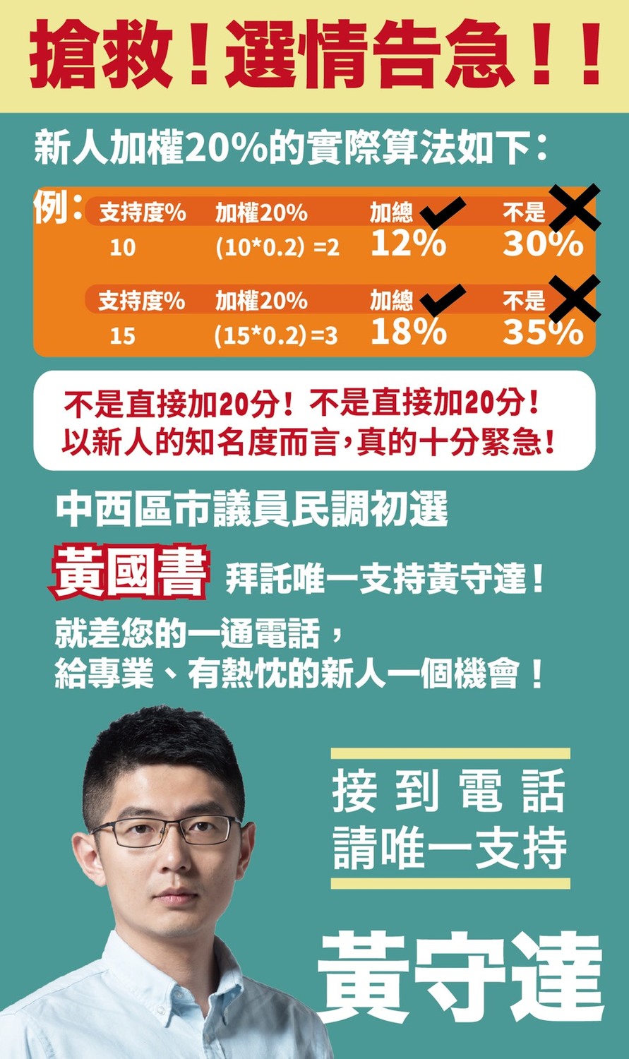 黃守達製作文宣,強調新人不是一次加20趴。 圖:黃守達/提供 黃守達製作文宣,強調新人不是一次加20趴。 圖:黃守達/提供