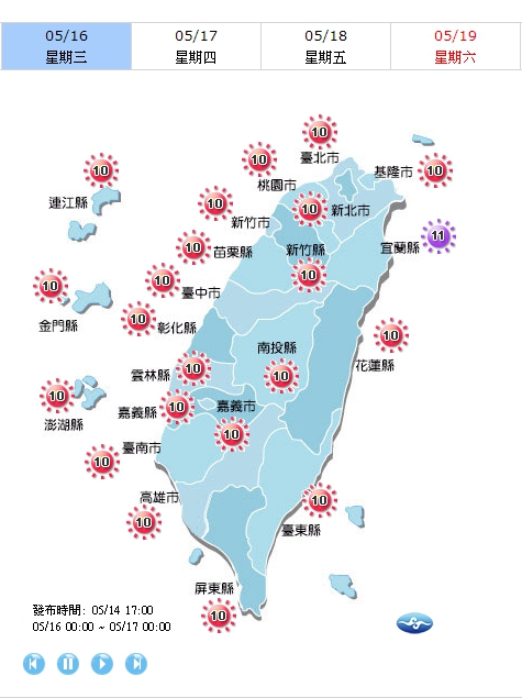 今天各地大多還是以多雲到晴的天氣為主,各地溫度都在31、32度以上。 今天各地大多還是以多雲到晴的天氣為主,各地溫度都在31、32度以上。