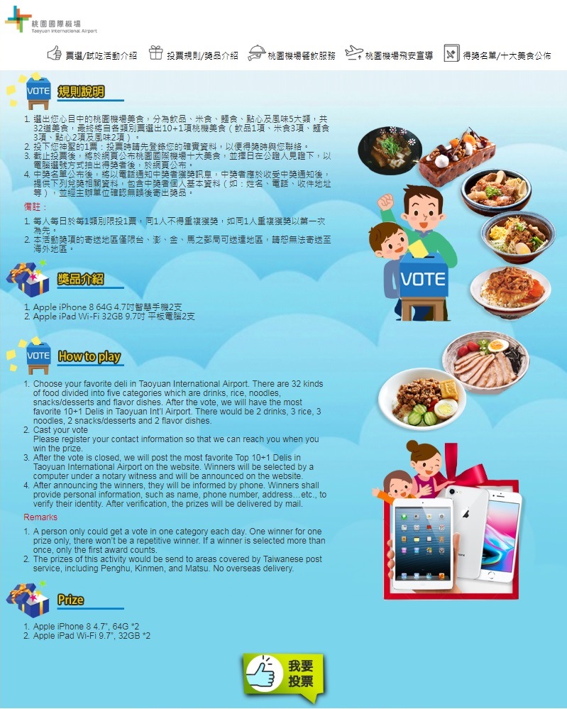 桃園機場十大美食投票相關規則,在31日將中止投票活動。 圖:桃園機場公司提供 桃園機場十大美食投票相關規則,在31日將中止投票活動。 圖:桃園機場公司提供