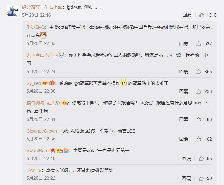 同時中國電競圈的喜事不只這樁,先前《Dota 2》MDL長沙站決賽中,中國戰隊LGD三直落VGJ.S戰隊奪冠,但卻沒有得到與《英雄聯盟》賽事同等的關注,也讓《Dota 2》的玩家相當吃味,紛紛表示共青團厚此薄彼,也引發了網友討論。 圖:翻攝自 中國共產主義青年團 微博 同時中國電競圈的喜事不只這樁,先前《Dota 2》MDL長沙站決賽中,中國戰隊LGD三直落VGJ.S戰隊奪冠,但卻沒有得到與《英雄聯盟》賽事同等的關注,也讓《Dota 2》的玩家相當吃味,紛紛表示共青團厚此薄彼,也引發了網友討論。 圖:翻攝自 中國共產主義青年團 微博