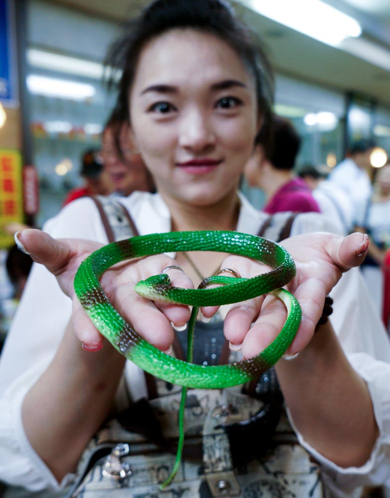 一位女性民眾拿到亞洲蛇肉店的一條綠色仿真蛇回家紀念。 圖:張良一/攝 一位女性民眾拿到亞洲蛇肉店的一條綠色仿真蛇回家紀念。 圖:張良一/攝