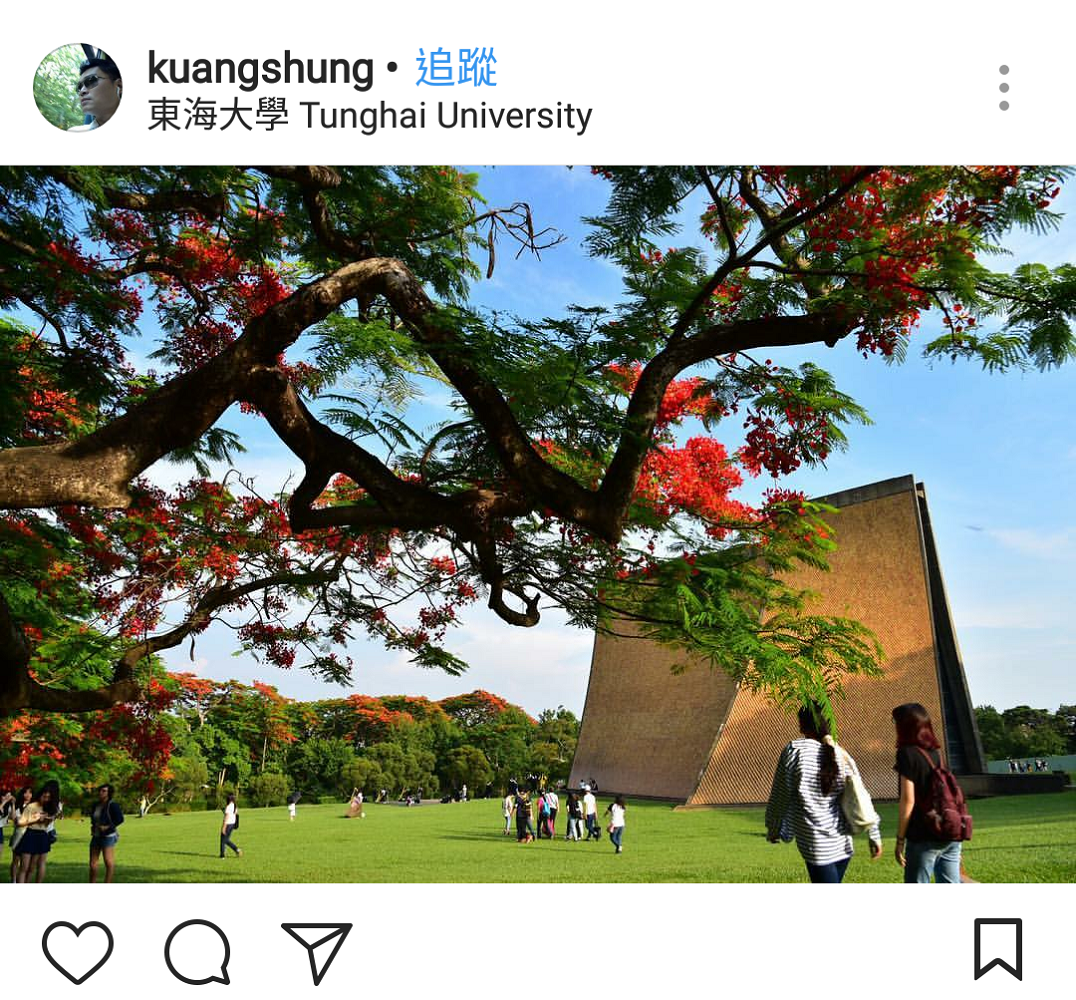 中台灣也有熱情鳳凰花可賞,東海大學校園裡也有艷麗鳳凰花開,更在遠近馳名「路思義教堂」的周邊,被這遍紅花妝點更美麗! 圖:翻攝自instrgram/kuangshung開放權限 中台灣也有熱情鳳凰花可賞,東海大學校園裡也有艷麗鳳凰花開,更在遠近馳名「路思義教堂」的周邊,被這遍紅花妝點更美麗! 圖:翻攝自instrgram/kuangshung開放權限