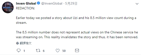 其實中國的直播平台「人氣」並不是指觀看人數,根據演算法,當時在線觀看人數大約7.6萬人,Inven也緊急澄清並發布推特表示:「稍早發布了一篇關於『Uzi 直播觀看人數高達 850 萬人數。』的報導,但其實在中國直播平台上,這項數字並非代表直播實際人數,造成報導不實的狀況,因而刪除該報導。」 圖:翻攝自 Inven Global 推特 其實中國的直播平台「人氣」並不是指觀看人數,根據演算法,當時在線觀看人數大約7.6萬人,Inven也緊急澄清並發布推特表示:「稍早發布了一篇關於『Uzi 直播觀看人數高達 850 萬人數。』的報導,但其實在中國直播平台上,這項數字並非代表直播實際人數,造成報導不實的狀況,因而刪除該報導。」 圖:翻攝自 Inven Global 推特