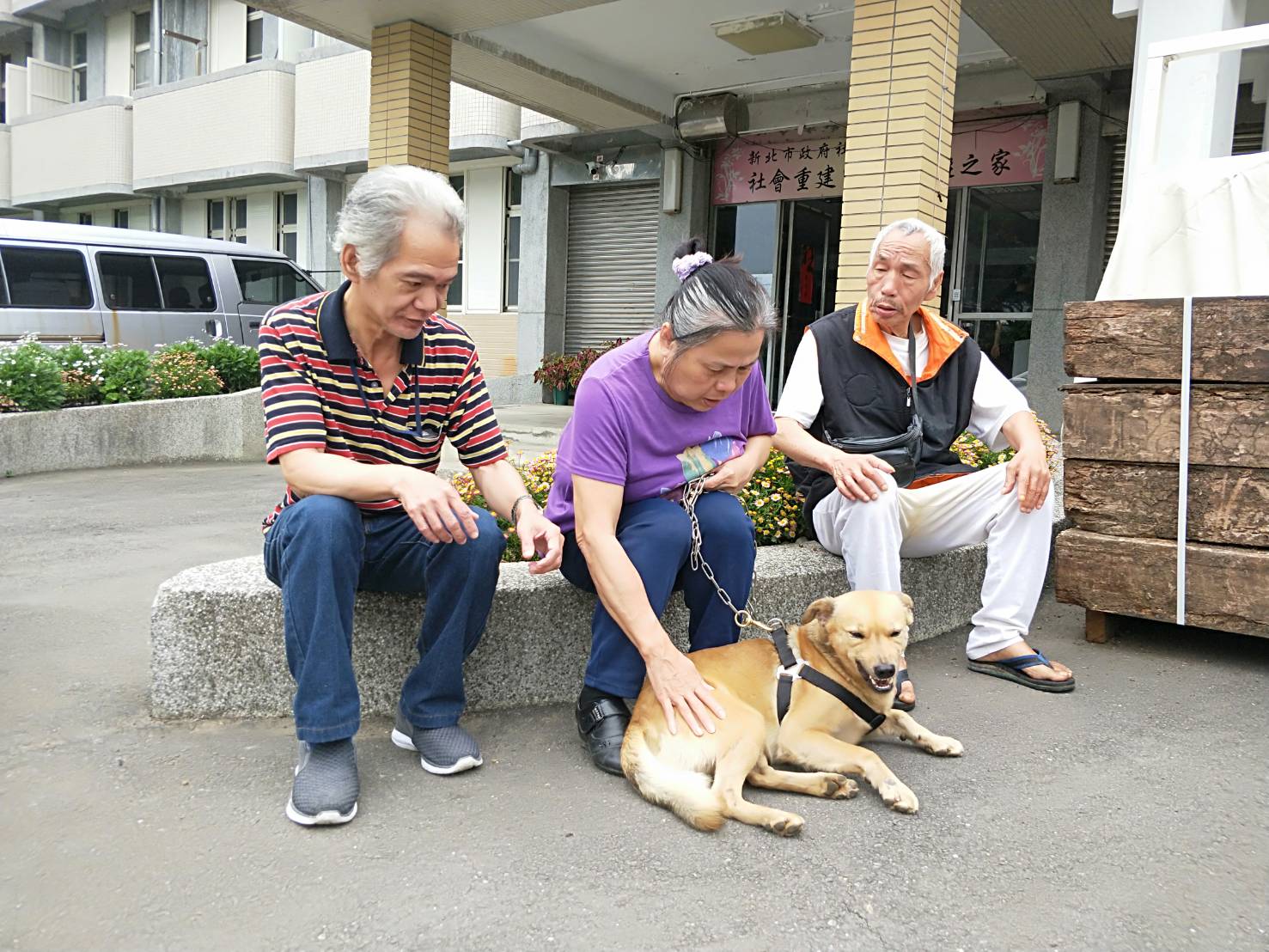 陪伴犬「小黃」平常不只是陪伴長者們,每天都會定時出去繞山巡邏,甚至會護送重建中心裡的人出去搭車。 圖:新北市政府/提供 陪伴犬「小黃」平常不只是陪伴長者們,每天都會定時出去繞山巡邏,甚至會護送重建中心裡的人出去搭車。 圖:新北市政府/提供