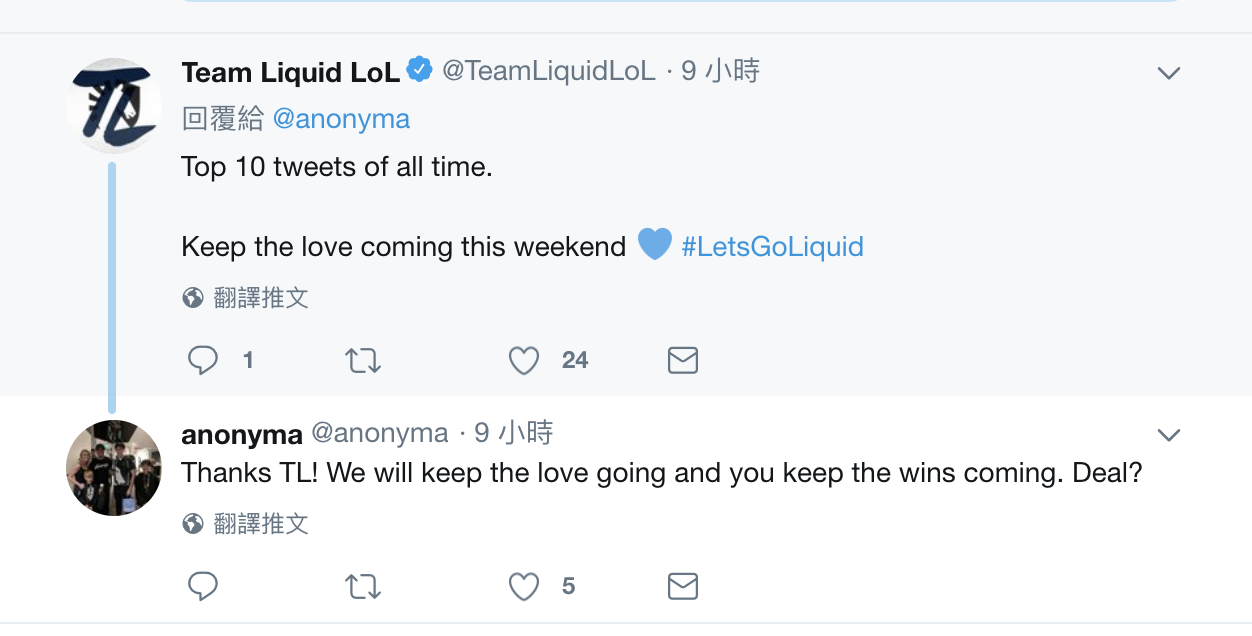 TL戰隊官方帳號也在該則推特底下回覆。 圖:翻攝自 anonyma Twitter TL戰隊官方帳號也在該則推特底下回覆。 圖:翻攝自 anonyma Twitter