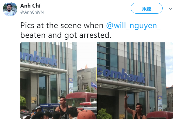 美籍越南學生阮英惟10日參與抗議中國活動,不惜跳到警車上。 圖:翻攝Anh Chi推特 美籍越南學生阮英惟10日參與抗議中國活動,不惜跳到警車上。 圖:翻攝Anh Chi推特