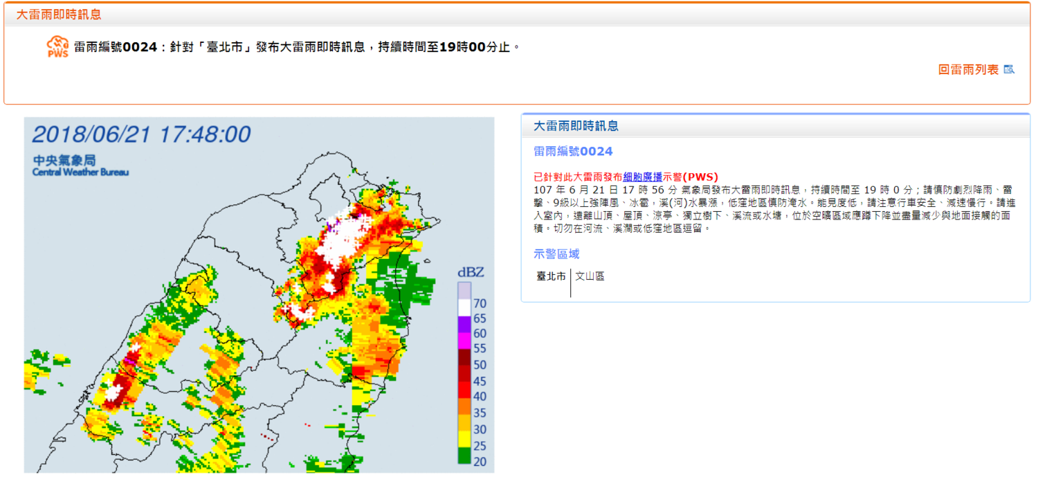 中央氣象局18時許針對台北市與新北市發布大雷雨警訊,持續時間至19:00止,請慎防劇烈降雨、雷擊、9級以上強陣風。 圖:中央氣象局/提供 中央氣象局18時許針對台北市與新北市發布大雷雨警訊,持續時間至19:00止,請慎防劇烈降雨、雷擊、9級以上強陣風。 圖:中央氣象局/提供