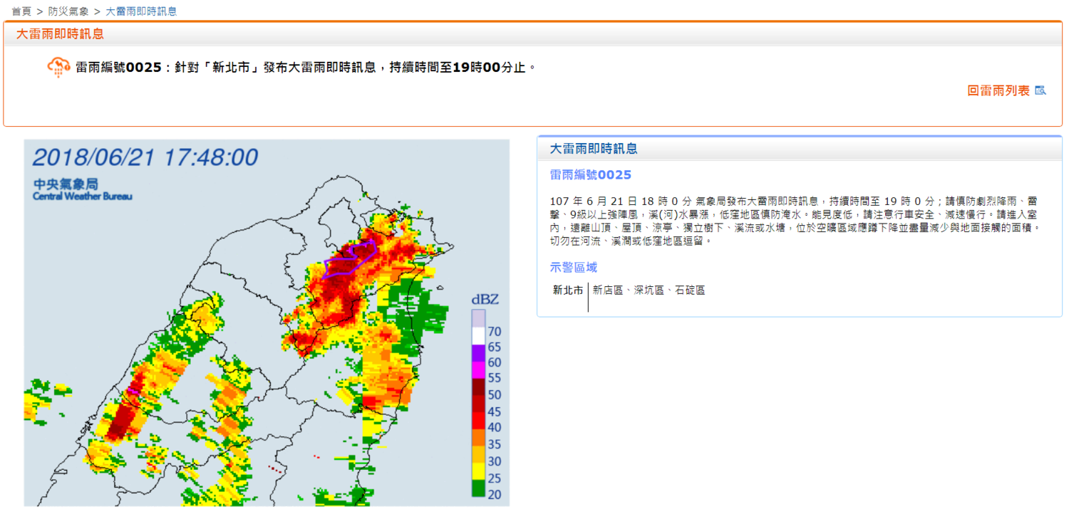 中央氣象局18時許針對台北市與新北市發布大雷雨警訊,請請報發布地區的朋友在19:00前留意天氣變化。 圖:中央氣象局/提供 中央氣象局18時許針對台北市與新北市發布大雷雨警訊,請請報發布地區的朋友在19:00前留意天氣變化。 圖:中央氣象局/提供