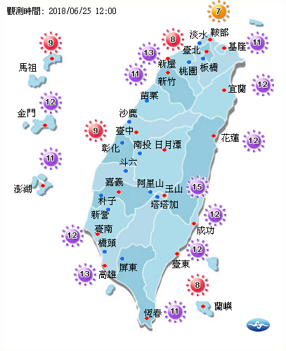 中午12時紫外線指數觀測有13處測站達到危險級。 圖:中央氣象局/提供 中午12時紫外線指數觀測有13處測站達到危險級。 圖:中央氣象局/提供