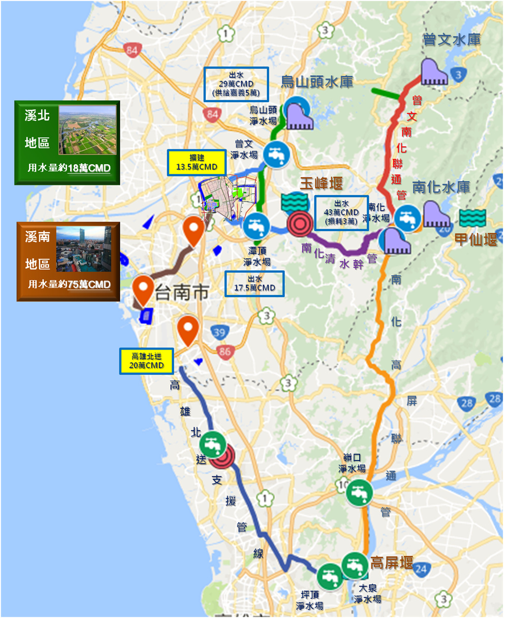 高屏溪北送臺南每日20萬噸，搭配曾文水庫提高蓄水量5,500萬噸，輔以再生水每日8.3萬噸供水潛能，未來台南地區穩定供水能力可望自93萬噸/日提升至120萬噸/日。(曾文水庫，資料照片)