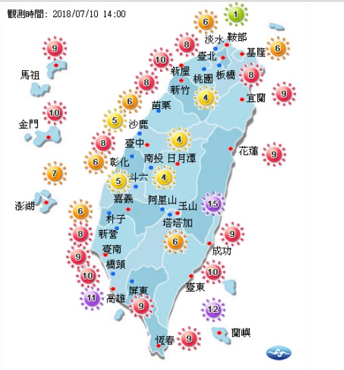 根據中央氣象局的紫外線數據顯示,花東地區也出現紅燈、紫燈的紫外線警戒。 圖:中央氣象局提供 根據中央氣象局的紫外線數據顯示,花東地區也出現紅燈、紫燈的紫外線警戒。 圖:中央氣象局提供