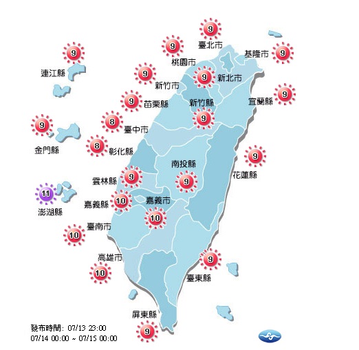 氣溫方面則仍是高溫型態,白天西半部高溫約34至35度,尤其桃園、大台北與高屏地區上看至36度。 圖:中央氣象局提供 氣溫方面則仍是高溫型態,白天西半部高溫約34至35度,尤其桃園、大台北與高屏地區上看至36度。 圖:中央氣象局提供