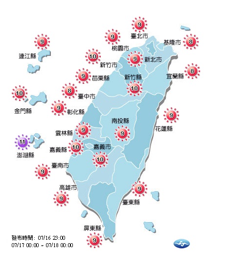 氣象局預測各地紫外線指數均達過量級以上,請大家注意防曬及補充水分。 圖:中央氣象局提供 氣象局預測各地紫外線指數均達過量級以上,請大家注意防曬及補充水分。 圖:中央氣象局提供