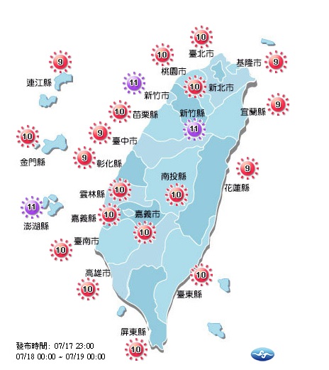 全台紫外線皆達到過量級以上,提醒外出朋友記得防曬。 圖:中央氣象局提供 全台紫外線皆達到過量級以上,提醒外出朋友記得防曬。 圖:中央氣象局提供