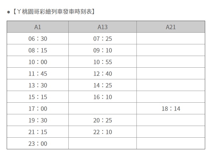 桃捷公司公布ㄚ桃園哥彩繪列車時刻表,讓喜愛的大小朋友可以不怕錯過列車。 圖:桃捷公司提供 桃捷公司公布ㄚ桃園哥彩繪列車時刻表,讓喜愛的大小朋友可以不怕錯過列車。 圖:桃捷公司提供
