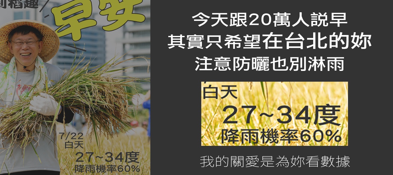 現任台北市長柯文哲也推出創意文宣。 圖:取自柯文哲LINE。 現任台北市長柯文哲也推出創意文宣。 圖:取自柯文哲LINE。