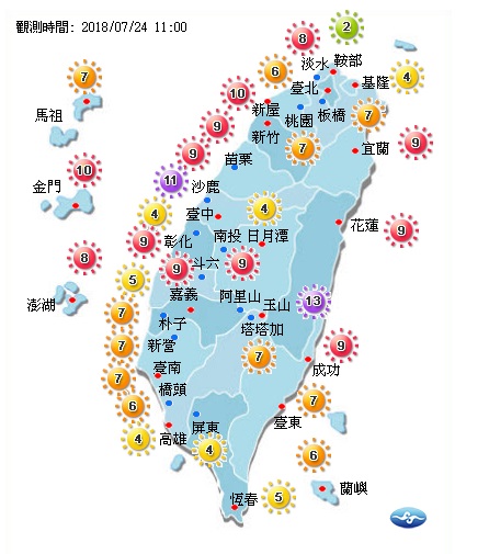 彰化以北紫外線達過量級以上,氣象局提醒,避免非必要的戶外活動、勞動及運動,注意防曬、多補充水份、慎防熱傷害。 圖:中央氣象局提供 彰化以北紫外線達過量級以上,氣象局提醒,避免非必要的戶外活動、勞動及運動,注意防曬、多補充水份、慎防熱傷害。 圖:中央氣象局提供