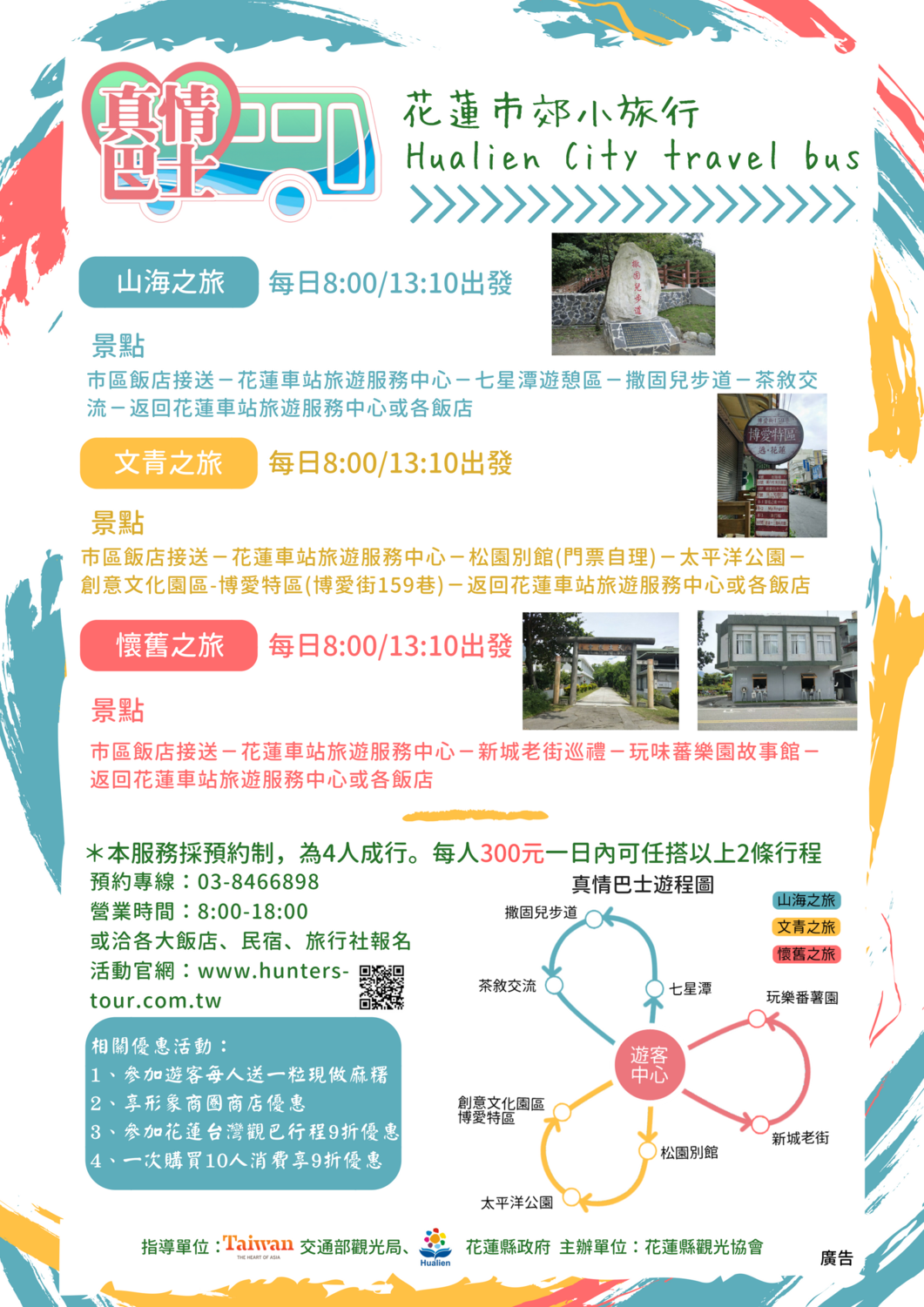 真情巴士預計每日有三條半日遊程供遊客選擇,一日內可任搭兩種行程,四人以上預約即可成行,且單日只要花費300元,即可深度遊覽花蓮不同人文風貌。 圖:花蓮縣政府 /提供 真情巴士預計每日有三條半日遊程供遊客選擇,一日內可任搭兩種行程,四人以上預約即可成行,且單日只要花費300元,即可深度遊覽花蓮不同人文風貌。 圖:花蓮縣政府 /提供