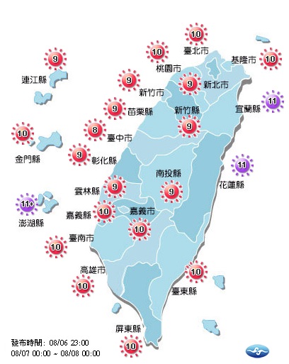 今天各地紫外線預測都達到過量級至危險級程度,提醒盡量避免外出。 圖:中央氣象局 今天各地紫外線預測都達到過量級至危險級程度,提醒盡量避免外出。 圖:中央氣象局
