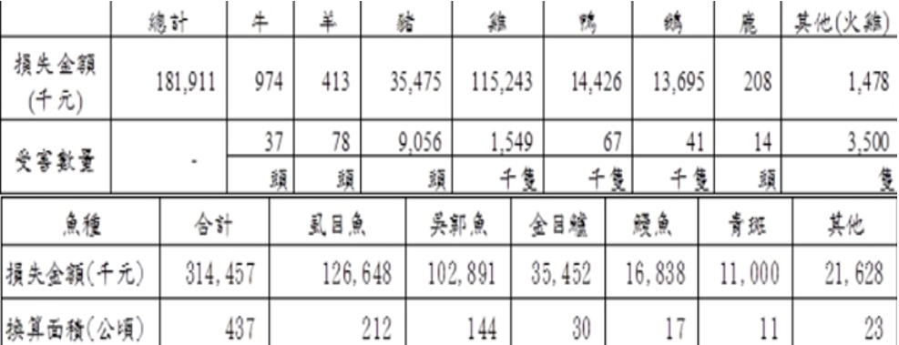 畜產損失總計1億8,191萬元,主要受損畜禽為雞154.9萬隻,細項如圖。 圖:農委會/提供 畜產損失總計1億8,191萬元,主要受損畜禽為雞154.9萬隻,細項如圖。 圖:農委會/提供
