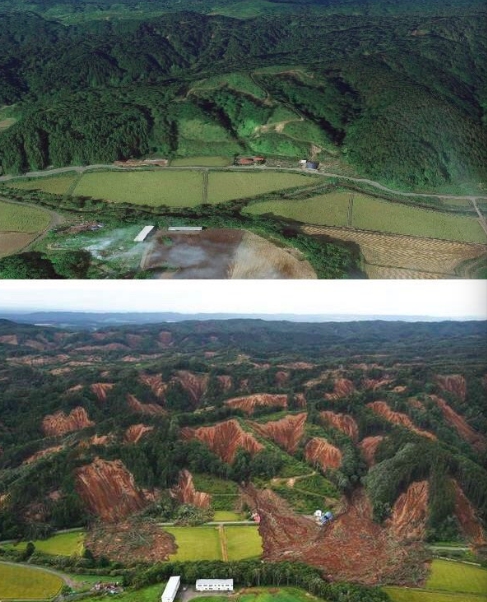 日本的山地震前地震後的差異。 圖:翻攝推特 日本的山地震前地震後的差異。 圖:翻攝推特
