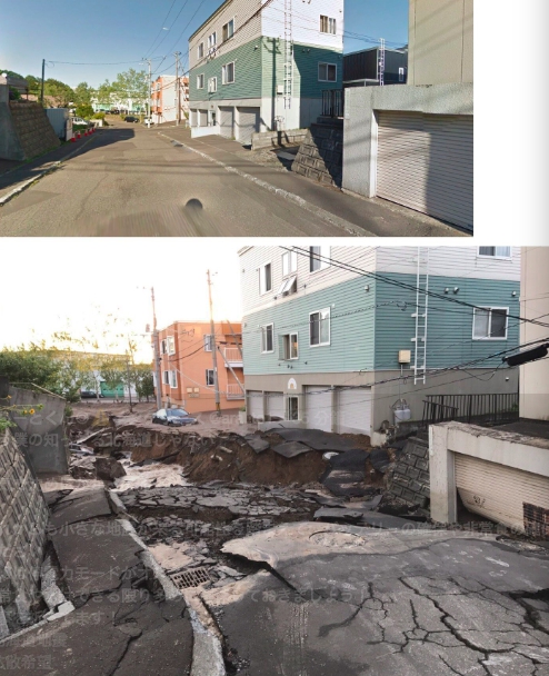 日本街道地震前地震後比對圖。 圖:翻攝推特 日本街道地震前地震後比對圖。 圖:翻攝推特