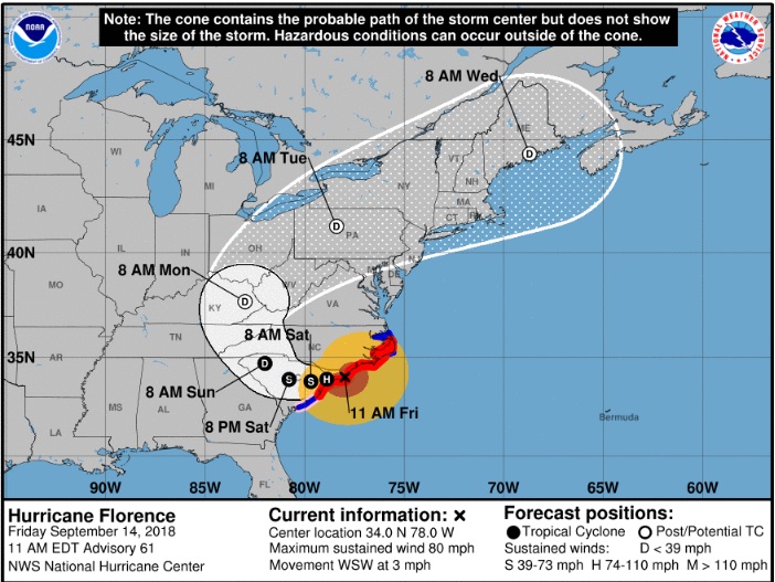 颶風佛羅倫斯(Hurricane Florence)14日在美國東部北卡羅來納州海岸登陸。 圖:翻攝氣象中心 颶風佛羅倫斯(Hurricane Florence)14日在美國東部北卡羅來納州海岸登陸。 圖:翻攝氣象中心