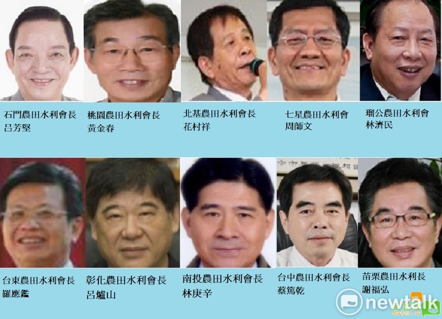 農委會草擬的《農田水利法》草案,引發瑠公農田水利會長林濟民、七星農田水利會長 周師文、北基農田水利會長 花村祥、桃園農田水利會長黃金春、石門農田水利會長 吕芳堅、苗栗農田水利會長謝福弘、台中農田水利會長 蔡篤乾、南投農田水利會長 林庚辛、彰化農田水利會長呂爐山、台東農田水利會長 羅應鑑等10個水利會長連署抗議農委會的蠻橫。
新頭殼組圖 農委會草擬的《農田水利法》草案,引發瑠公農田水利會長林濟民、七星農田水利會長 周師文、北基農田水利會長 花村祥、桃園農田水利會長黃金春、石門農田水利會長 吕芳堅、苗栗農田水利會長謝福弘、台中農田水利會長 蔡篤乾、南投農田水利會長 林庚辛、彰化農田水利會長呂爐山、台東農田水利會長 羅應鑑等10個水利會長連署抗議農委會的蠻橫。
新頭殼組圖