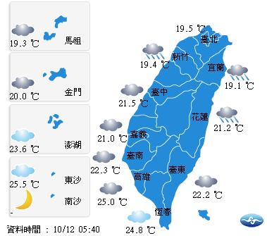今(12)日氣溫方面,北部19至26度,中部21至31度,東部19至28度,南部23至31度,外島金馬澎湖19至27度。 圖:翻攝自中央氣象局網站 今(12)日氣溫方面,北部19至26度,中部21至31度,東部19至28度,南部23至31度,外島金馬澎湖19至27度。 圖:翻攝自中央氣象局網站