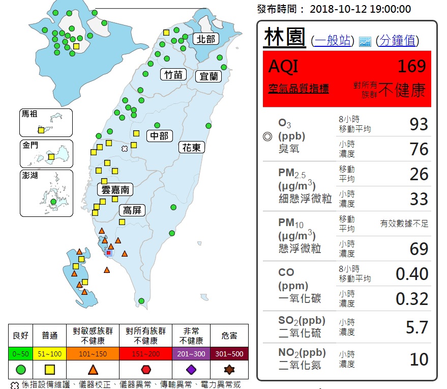 環保署空氣品質監測警示,林園地區「紅色警示」。 圖:翻攝環保署空氣品質監測網 環保署空氣品質監測警示,林園地區「紅色警示」。 圖:翻攝環保署空氣品質監測網