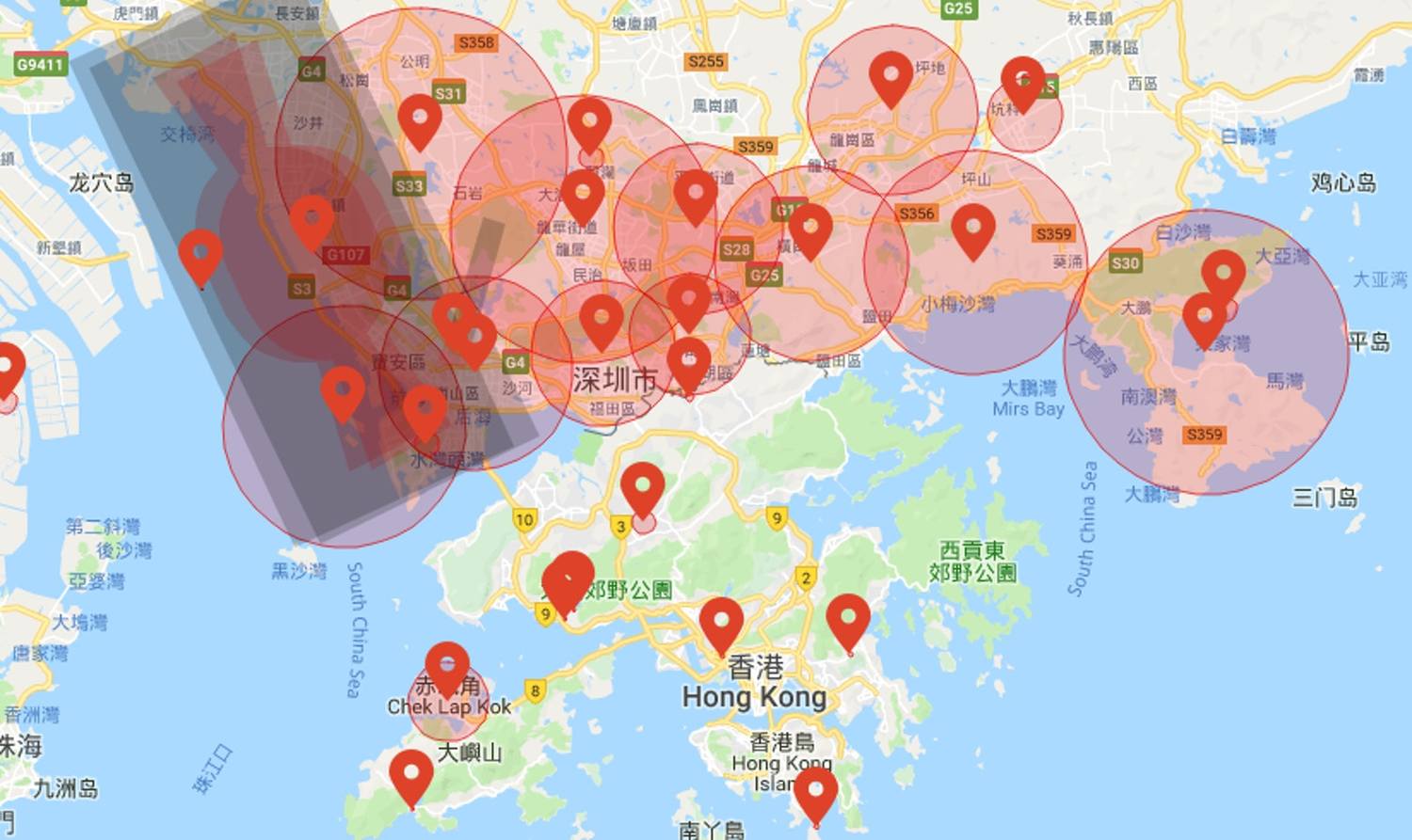 「大疆創新」官網的「飛行區域限制」頁面可見,整個深圳都布滿禁飛區的紅圈圖示,理由為「特殊安全原因臨時禁飛」,禁令自10月20日下午4時開始生效,至10月25日下午4時取消。 圖:翻攝自大疆創新官網(https://www.dji.com) 「大疆創新」官網的「飛行區域限制」頁面可見,整個深圳都布滿禁飛區的紅圈圖示,理由為「特殊安全原因臨時禁飛」,禁令自10月20日下午4時開始生效,至10月25日下午4時取消。 圖:翻攝自大疆創新官網(https://www.dji.com)