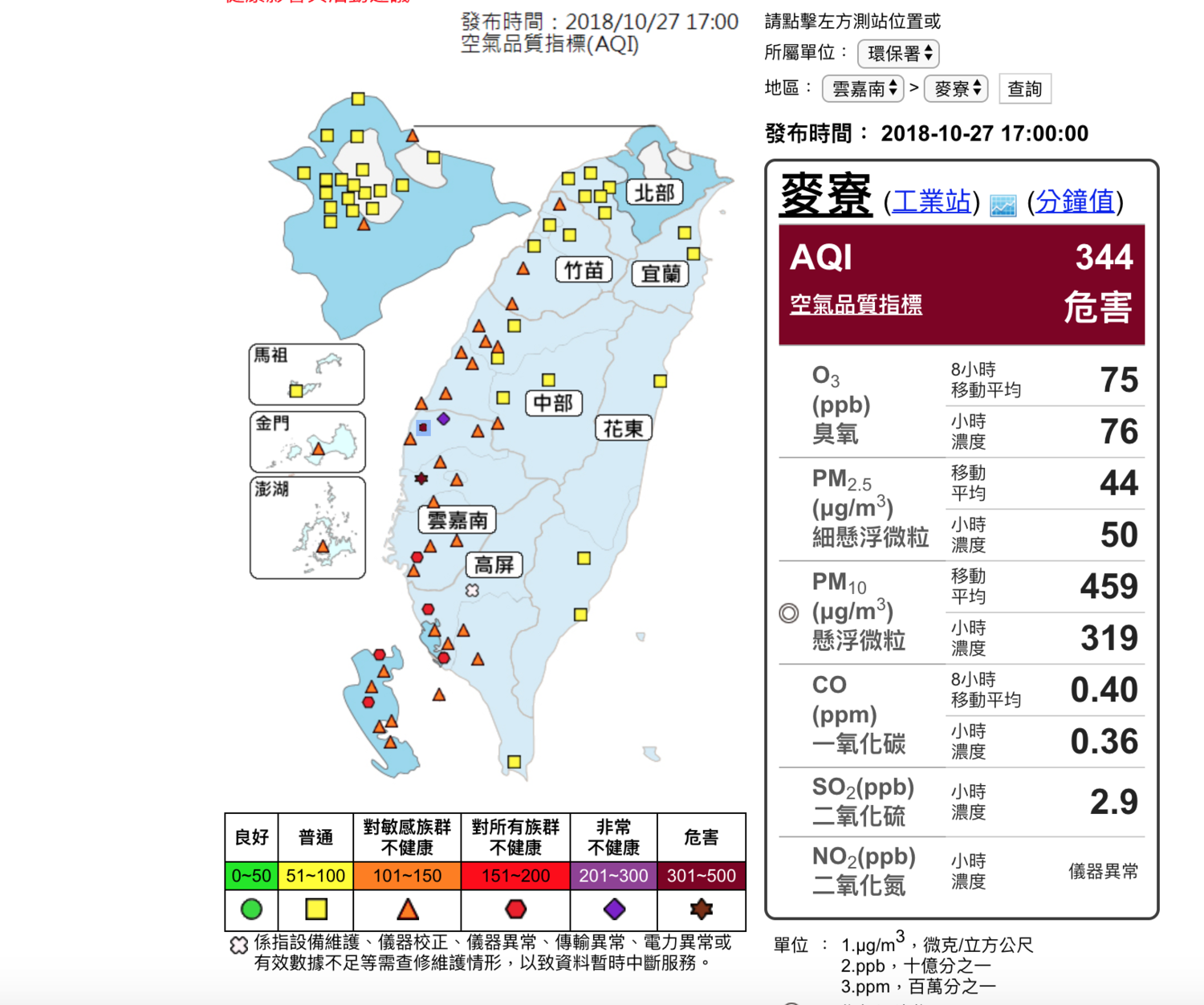 西半部空品並未改善,雲林麥寮、嘉義朴子都達褐爆等級。 圖:翻攝環保署官網 西半部空品並未改善,雲林麥寮、嘉義朴子都達褐爆等級。 圖:翻攝環保署官網
