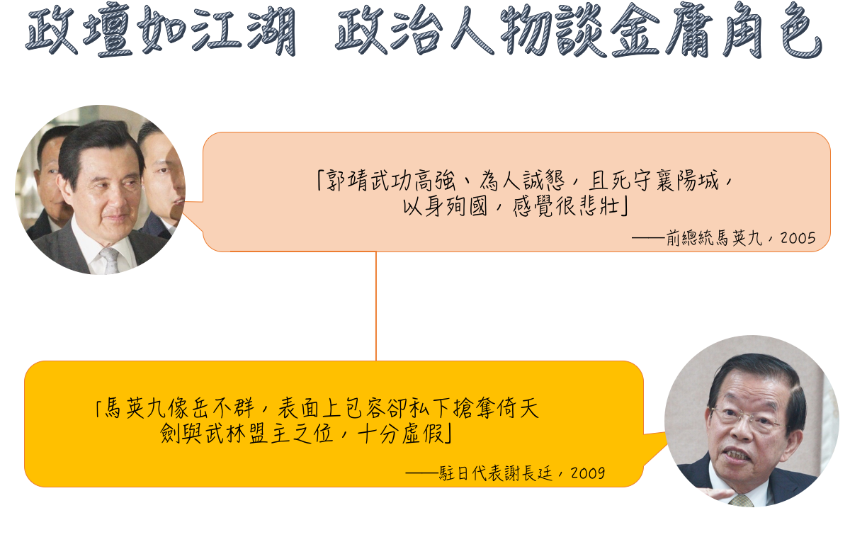 政壇如江湖,政治人物談金庸角色。 圖:黃子暘/製作 政壇如江湖,政治人物談金庸角色。 圖:黃子暘/製作