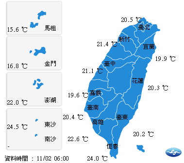 今(2)日各地氣溫方面,北部19至25度,中部20至26度,東部18至24度,南部20至28度,外島金馬澎湖15至24度。 圖:翻攝自中央氣象局網站 今(2)日各地氣溫方面,北部19至25度,中部20至26度,東部18至24度,南部20至28度,外島金馬澎湖15至24度。 圖:翻攝自中央氣象局網站