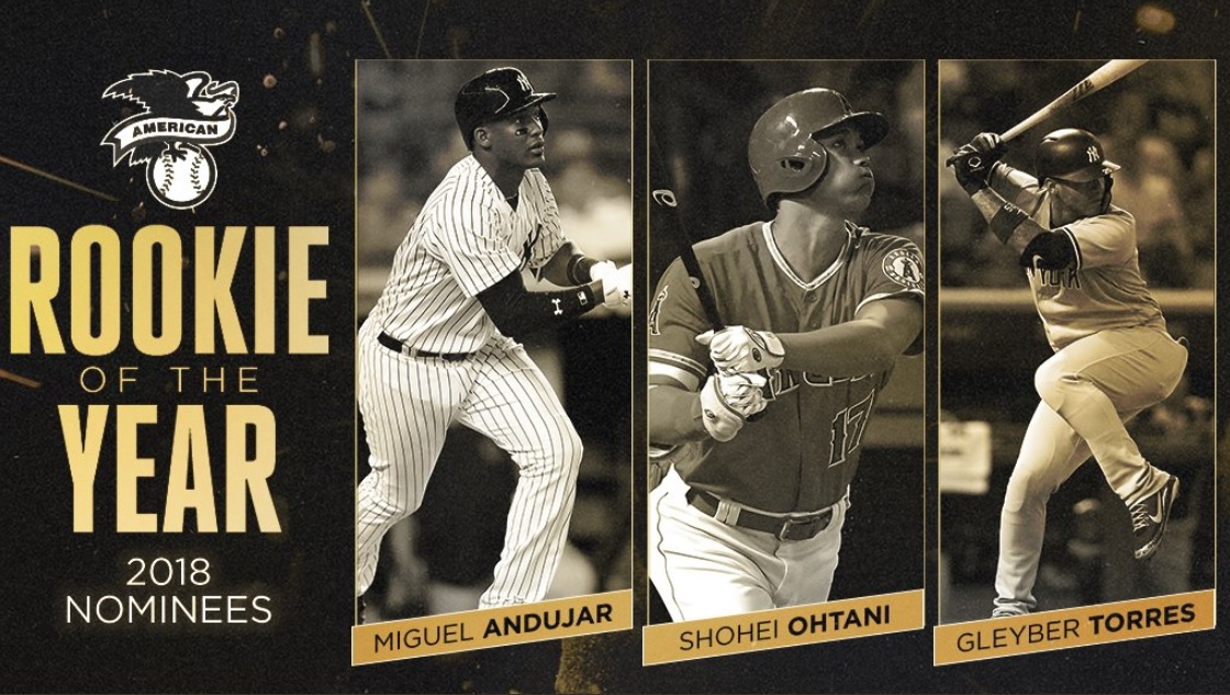 日本「二刀流」好手大谷翔平,與洋基隊內野雙雄Miguel Andujar、Gleyber Torres一同進入美聯新人王的最後決選。 圖:翻攝自MLB推特 日本「二刀流」好手大谷翔平,與洋基隊內野雙雄Miguel Andujar、Gleyber Torres一同進入美聯新人王的最後決選。 圖:翻攝自MLB推特