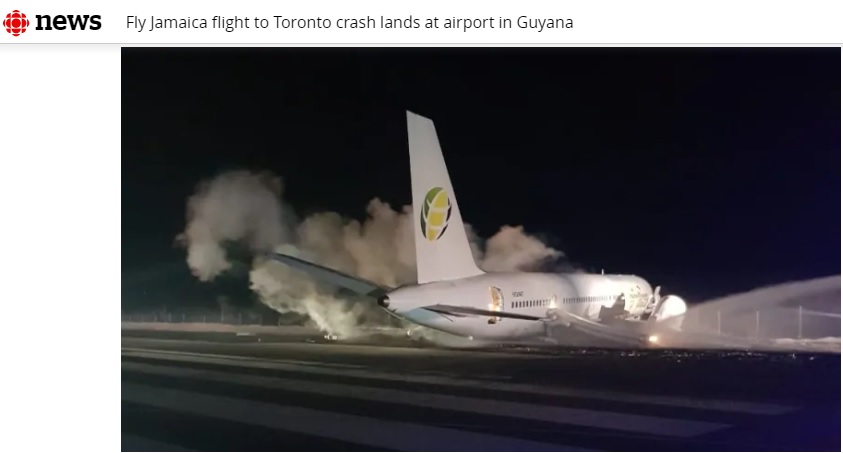 牙買加「飛天」航空(Fly Jamaica Airways)一架波音757客機,起飛不久後發現機械故障,折返降落時衝出跑道。 圖:翻攝CBC NEWS網站 牙買加「飛天」航空(Fly Jamaica Airways)一架波音757客機,起飛不久後發現機械故障,折返降落時衝出跑道。 圖:翻攝CBC NEWS網站