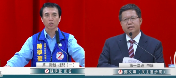 桃園市長辯論會,國民黨桃園市長候選人陳學聖(左)、民進黨候選人、現任桃園市長鄭文燦(右)。
圖:新頭殼合成 桃園市長辯論會,國民黨桃園市長候選人陳學聖(左)、民進黨候選人、現任桃園市長鄭文燦(右)。
圖:新頭殼合成
