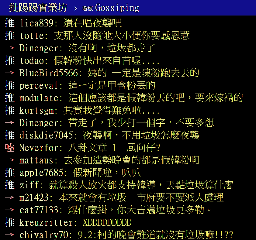 網友PTT開版「韓國瑜造勢晚會現場週邊留下大量垃圾」。網友留言大量出現假韓粉、甲含粉。 圖:翻攝PTT網頁 網友PTT開版「韓國瑜造勢晚會現場週邊留下大量垃圾」。網友留言大量出現假韓粉、甲含粉。 圖:翻攝PTT網頁