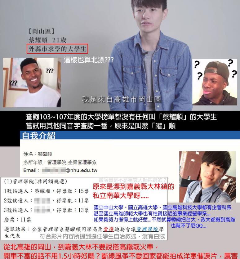 國民黨高雄市長候選人韓國瑜競選影片「北漂青年」遭起底從高雄岡山到嘉義唸書。 聞賤會文創臉書 國民黨高雄市長候選人韓國瑜競選影片「北漂青年」遭起底從高雄岡山到嘉義唸書。 聞賤會文創臉書