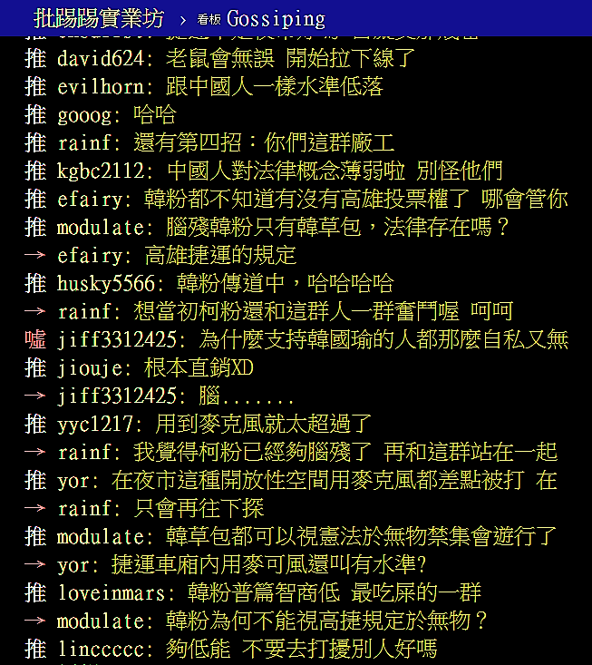 網友回應韓粉在捷運上開講。 圖:翻攝PTT網頁 網友回應韓粉在捷運上開講。 圖:翻攝PTT網頁