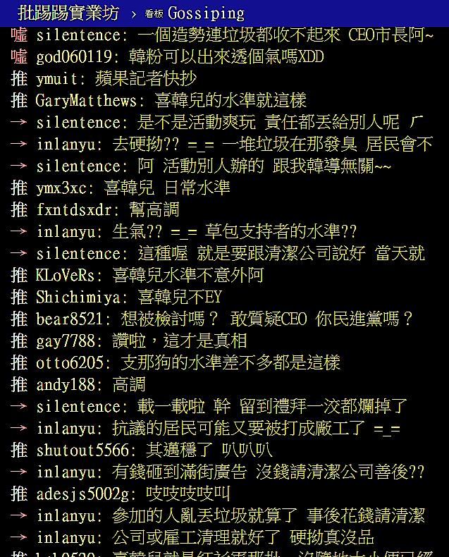 PTT鄉民議論韓國瑜未清造勢場垃圾問題。 圖:翻攝PTT網頁 PTT鄉民議論韓國瑜未清造勢場垃圾問題。 圖:翻攝PTT網頁
