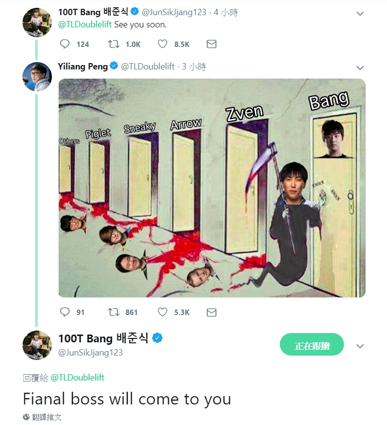 Bang初來乍到就跟大師兄Doublelift推特互嗆。 Bang初來乍到就跟大師兄Doublelift推特互嗆。