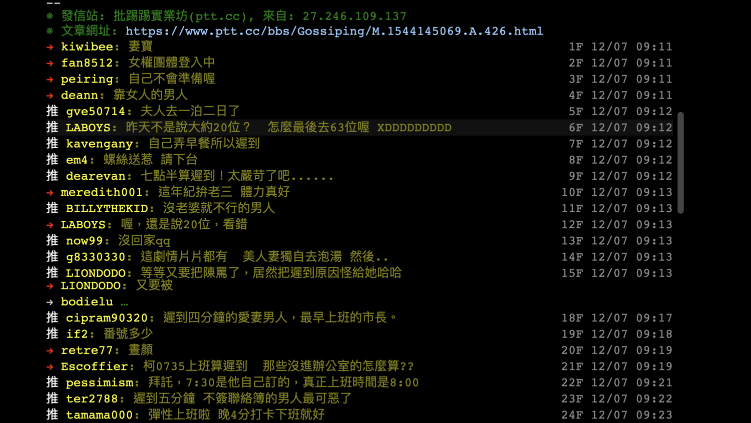 對於柯P上班遲到,許多網友紛紛在網路留言。 圖:翻攝自網路PTT 對於柯P上班遲到,許多網友紛紛在網路留言。 圖:翻攝自網路PTT