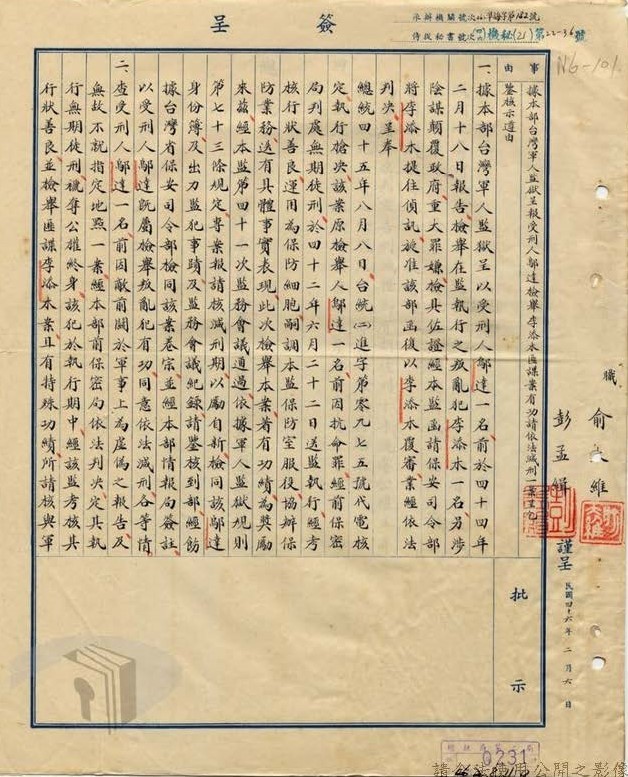 軍事犯申報減刑審核情形。 圖:檔案管理局典藏國防部軍法局檔案/促轉會提供 軍事犯申報減刑審核情形。 圖:檔案管理局典藏國防部軍法局檔案/促轉會提供
