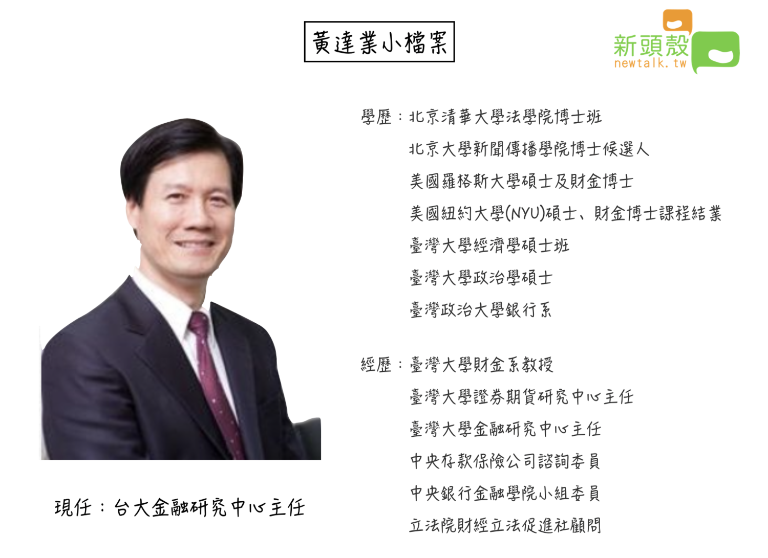 台大金融研究中心主任黃達業教授小檔案 圖:新頭殼製 台大金融研究中心主任黃達業教授小檔案 圖:新頭殼製