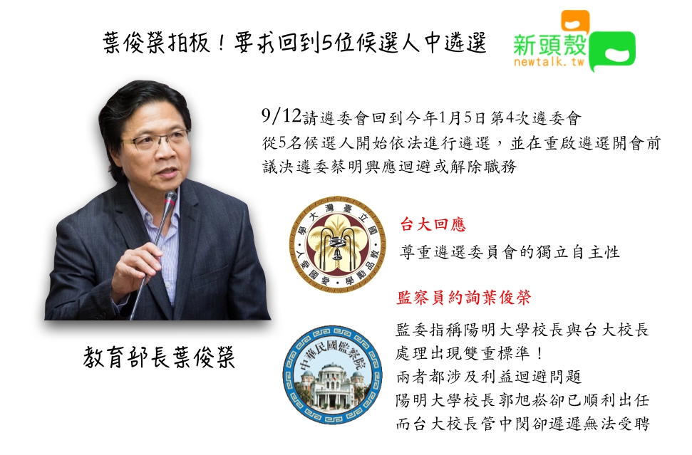 葉俊榮拍板決定,要求遴選委員會回到5位候選人中遴選。 圖:張嘉哲/製作 葉俊榮拍板決定,要求遴選委員會回到5位候選人中遴選。 圖:張嘉哲/製作