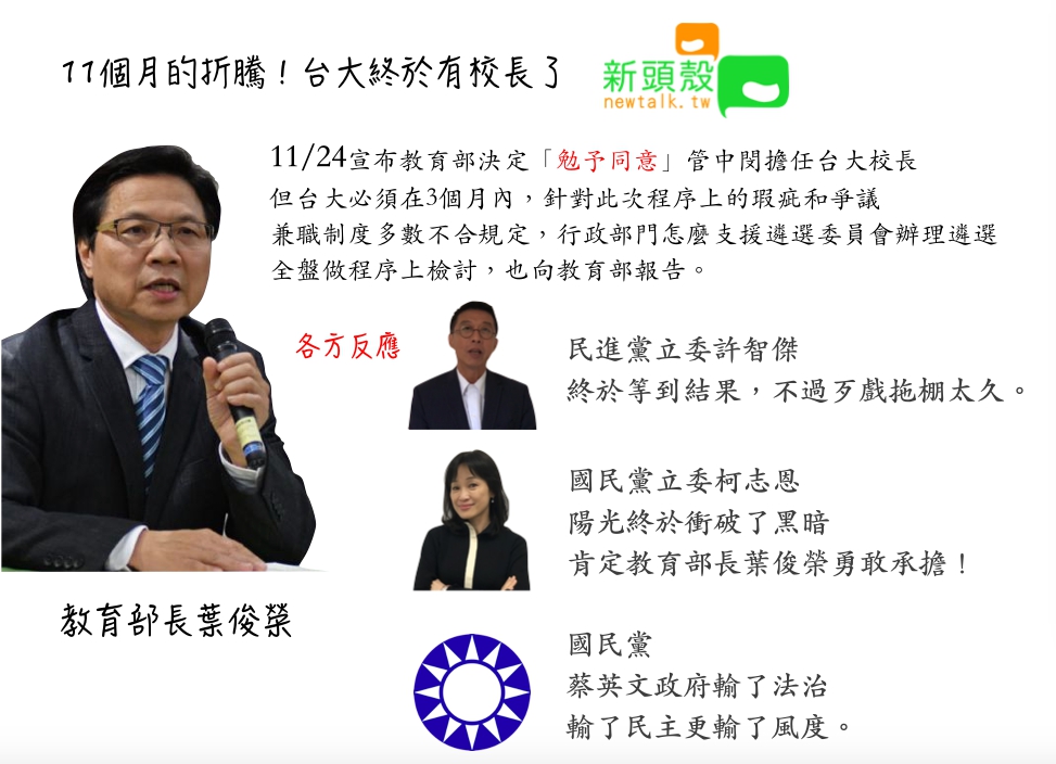 經過11個月的卡管案!教育部長葉俊榮「勉予」同意管中閔任台大校長。 圖:張嘉哲/製作 經過11個月的卡管案!教育部長葉俊榮「勉予」同意管中閔任台大校長。 圖:張嘉哲/製作