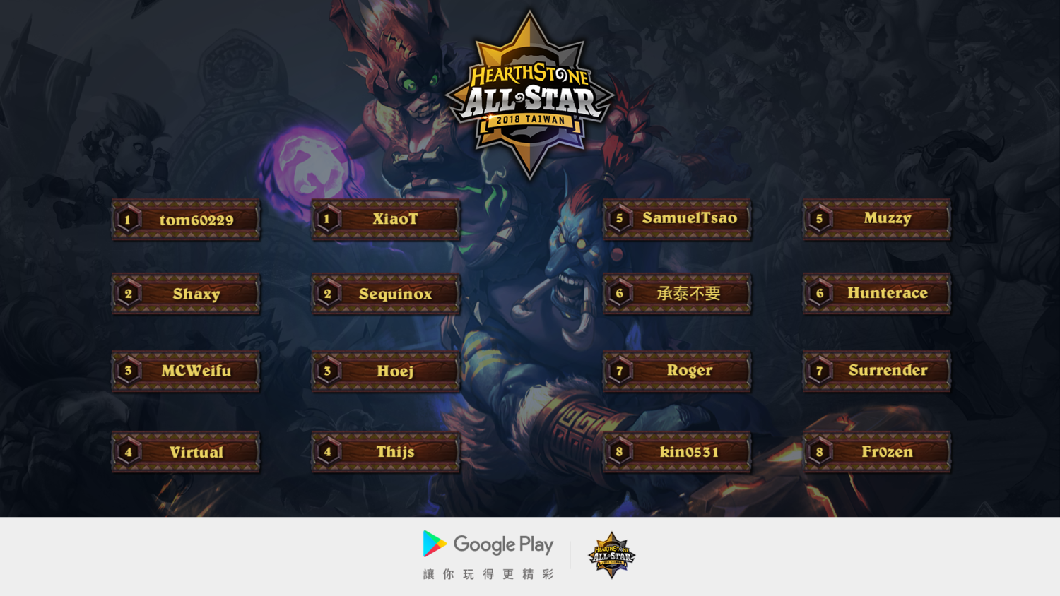 2018《爐石戰記R》全明星賽16強對戰組合表。 2018《爐石戰記R》全明星賽16強對戰組合表。