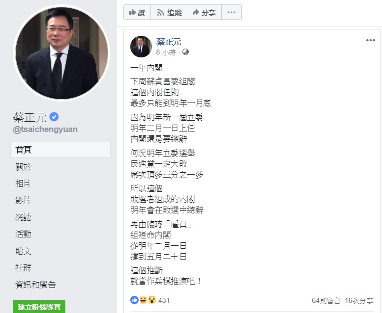 國民黨前立委蔡正元在臉書表示,他看衰民進黨明年立委選情,認為一定會大敗。 圖:翻攝自蔡正元臉書 國民黨前立委蔡正元在臉書表示,他看衰民進黨明年立委選情,認為一定會大敗。 圖:翻攝自蔡正元臉書